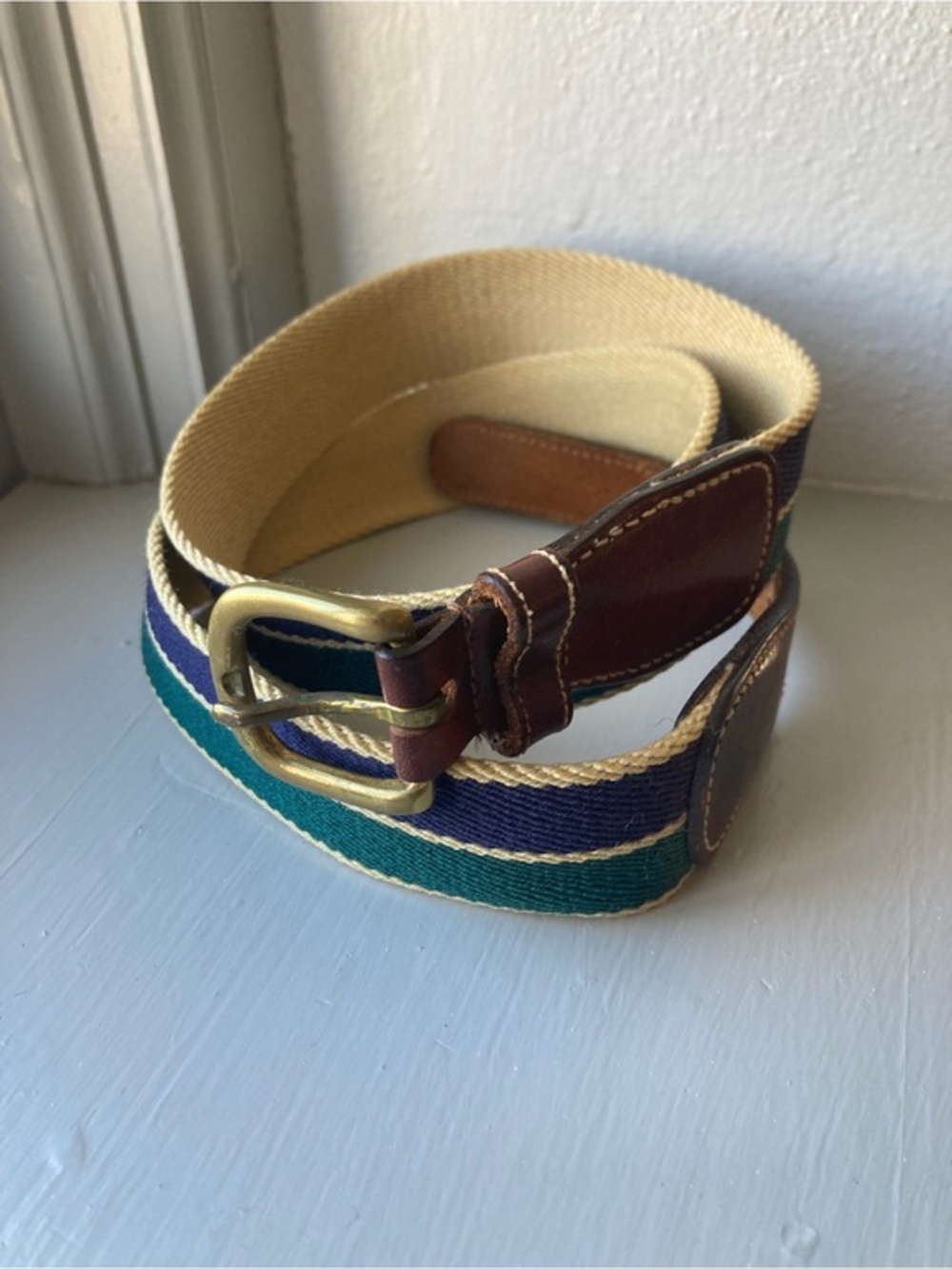 Men's Striped Canvas Belt with Leather Trim - Green & Navy